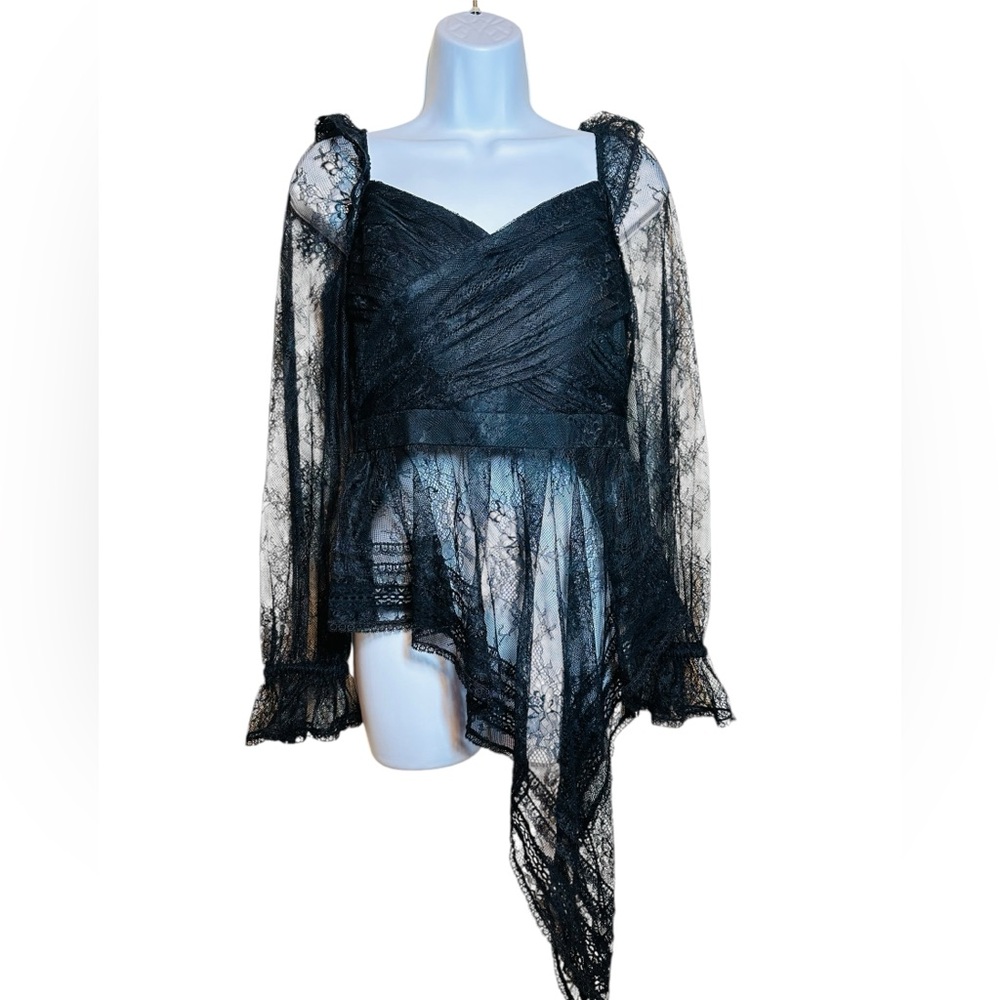 SELF-PORTRAIT Women Ruffled Floral Lace Wrap Top Black Asymmetrical NWOT SIZE 6